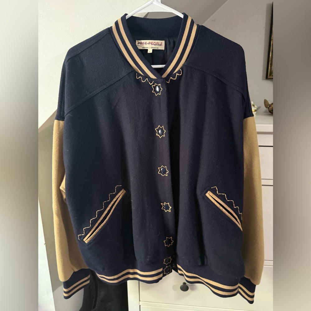 Free People wool Navy and Tan Contrast Varsity Jacket - Picture 1 of 7